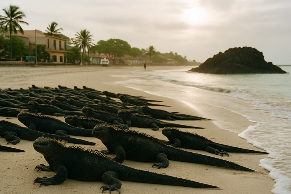 White sand beach with marine iguanas resting near the surf line