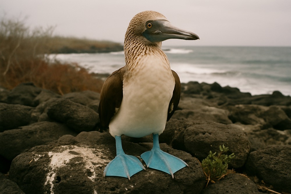 Blue-footed booby standing on dark volcanic rock near the water