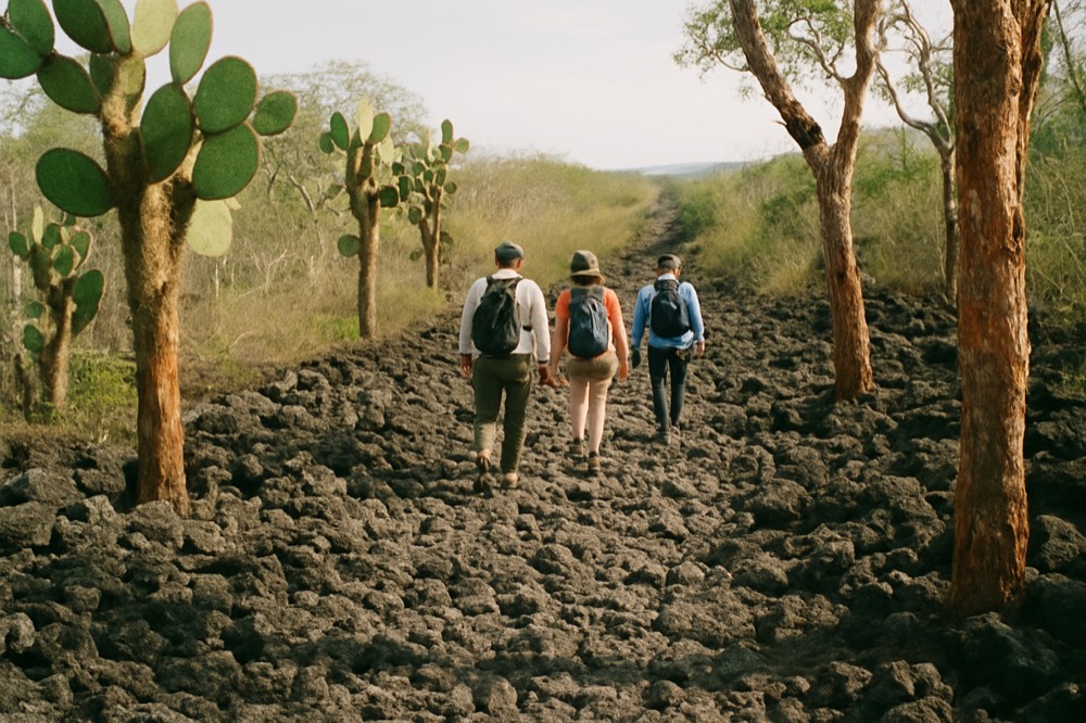 Travellers walking a lava rock trail behind a naturalist guide in arid island terrain