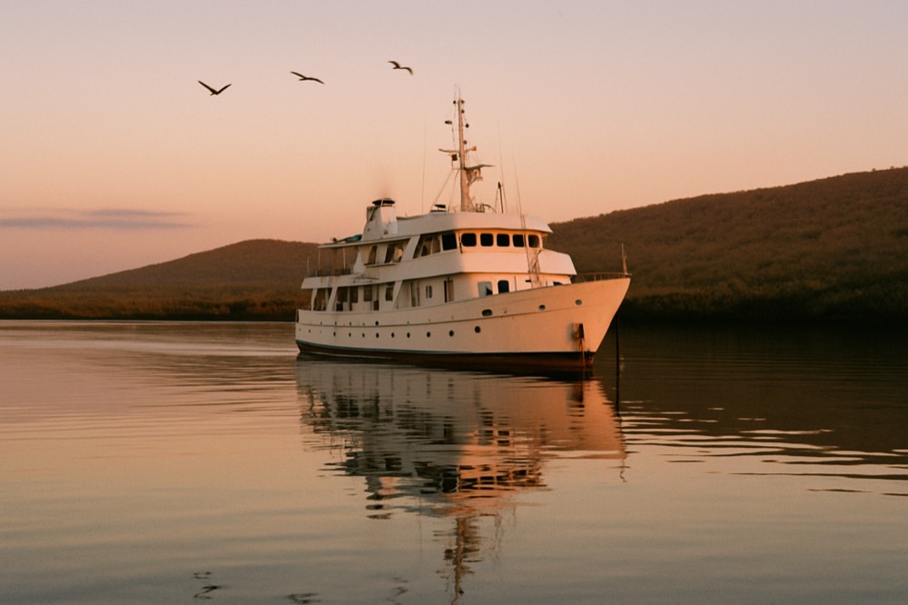 Small expedition vessel anchored off a Galapagos island at sunrise