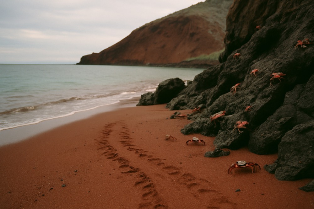 Red-sand beach and volcanic cliffs on a small Galapagos island with a calm sea