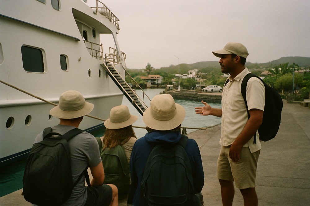 A naturalist guide briefing a small group of travellers beside a docked small ship