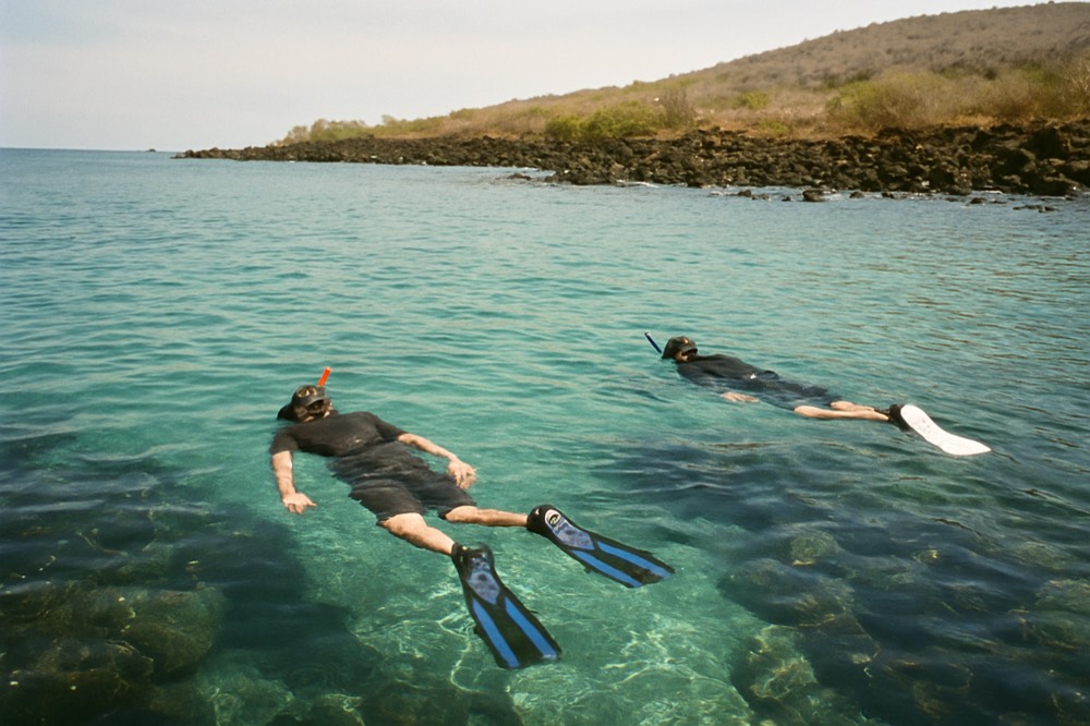 Travellers snorkelling in clear shallow water above a rocky reef