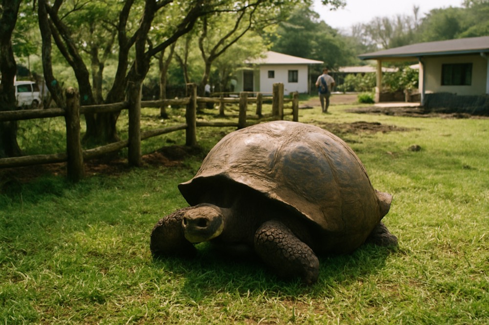 A Galapagos giant tortoise resting on green grass in the highlands