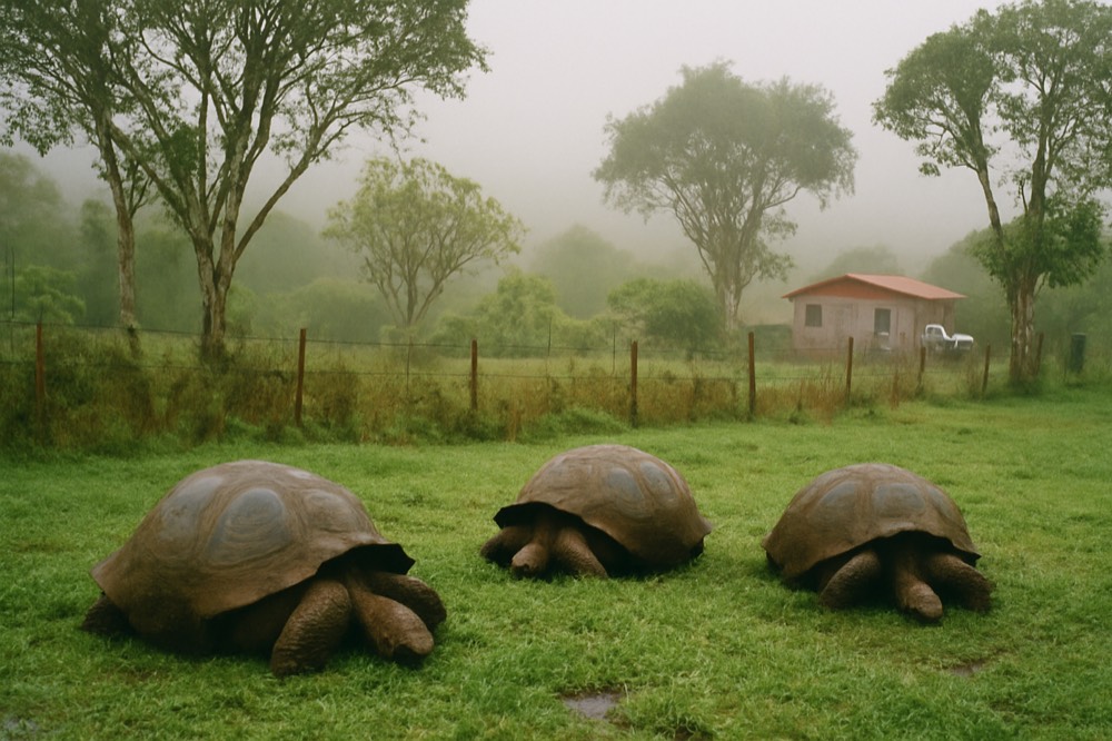 Giant tortoises grazing on green highland grass under scattered trees