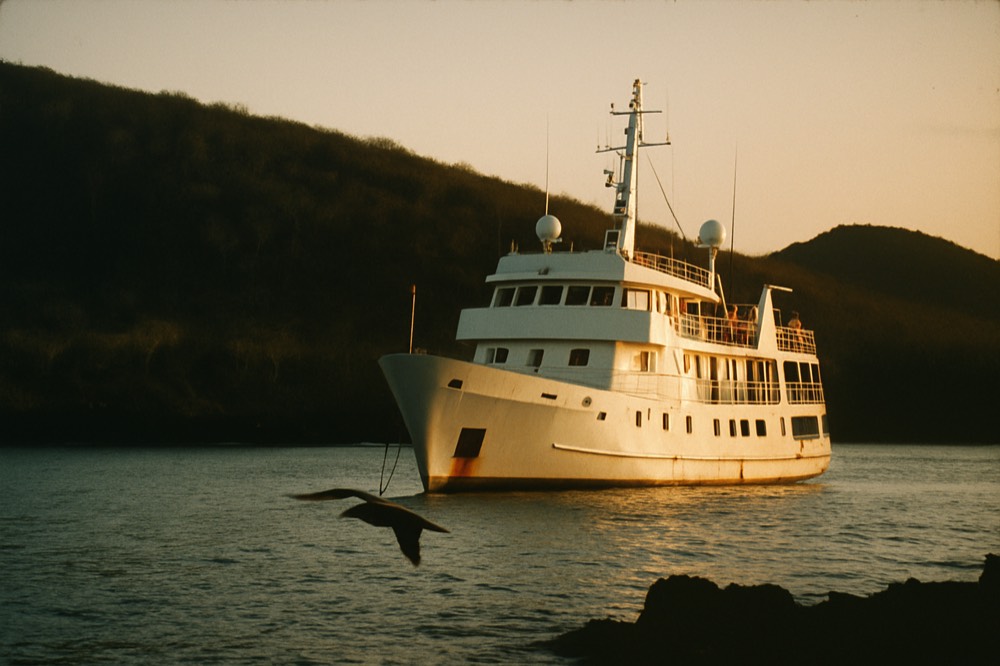 A small expedition ship anchored in a calm cove at golden hour