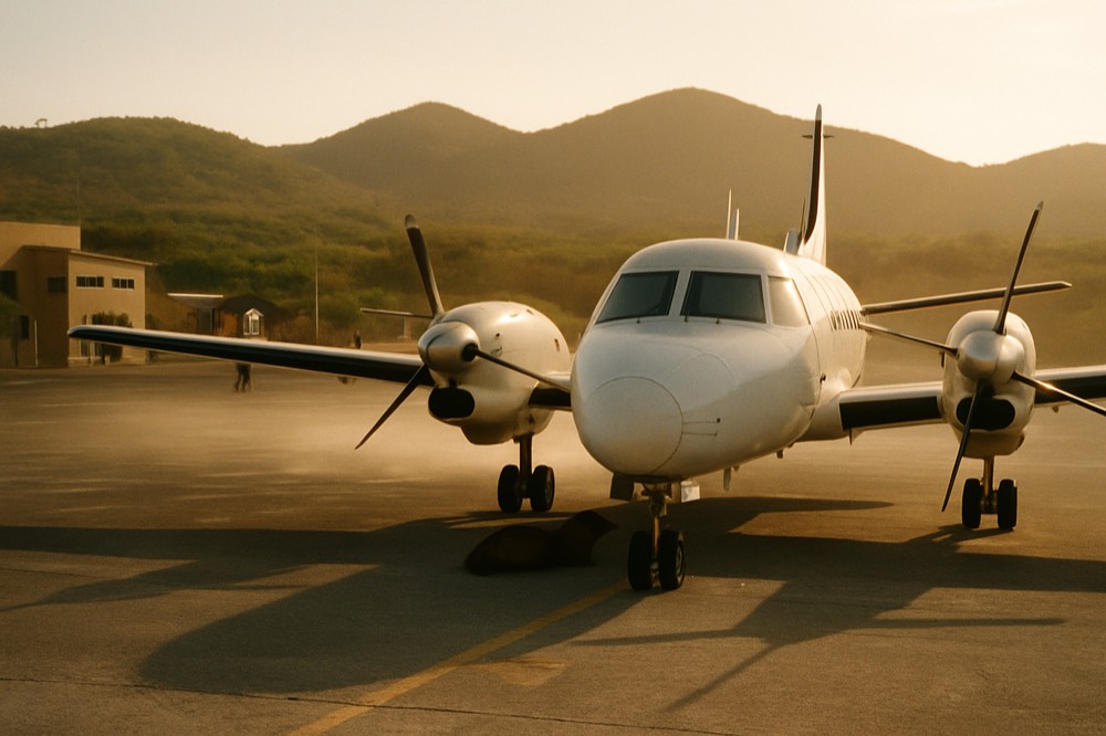 Small aircraft parked at a island airstrip with low hills behind it