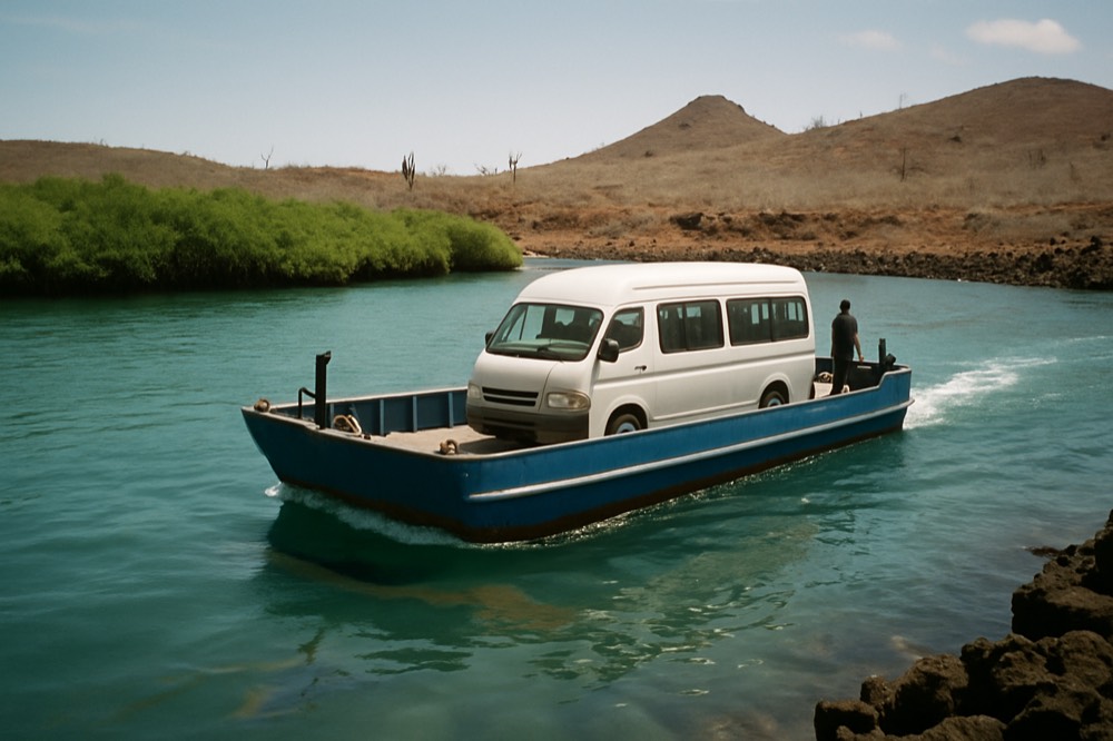 Blue small boat crossing a narrow channel between rocky shores