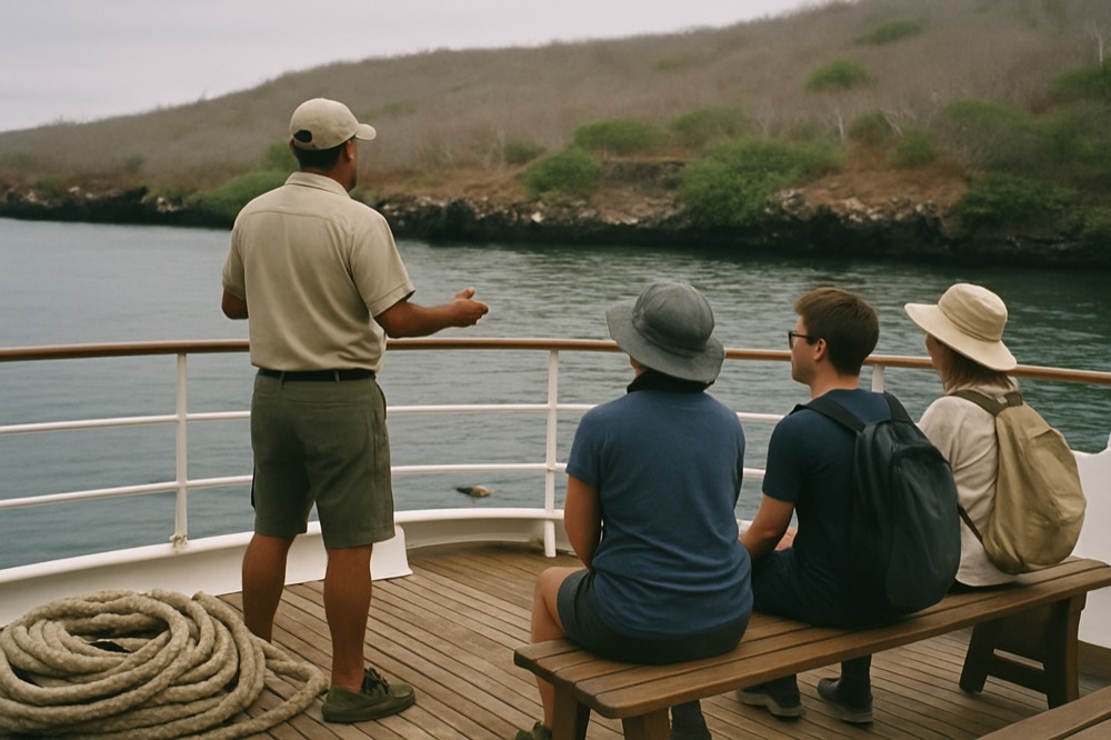 A naturalist guide briefing a small group of travellers on the deck of a small ship