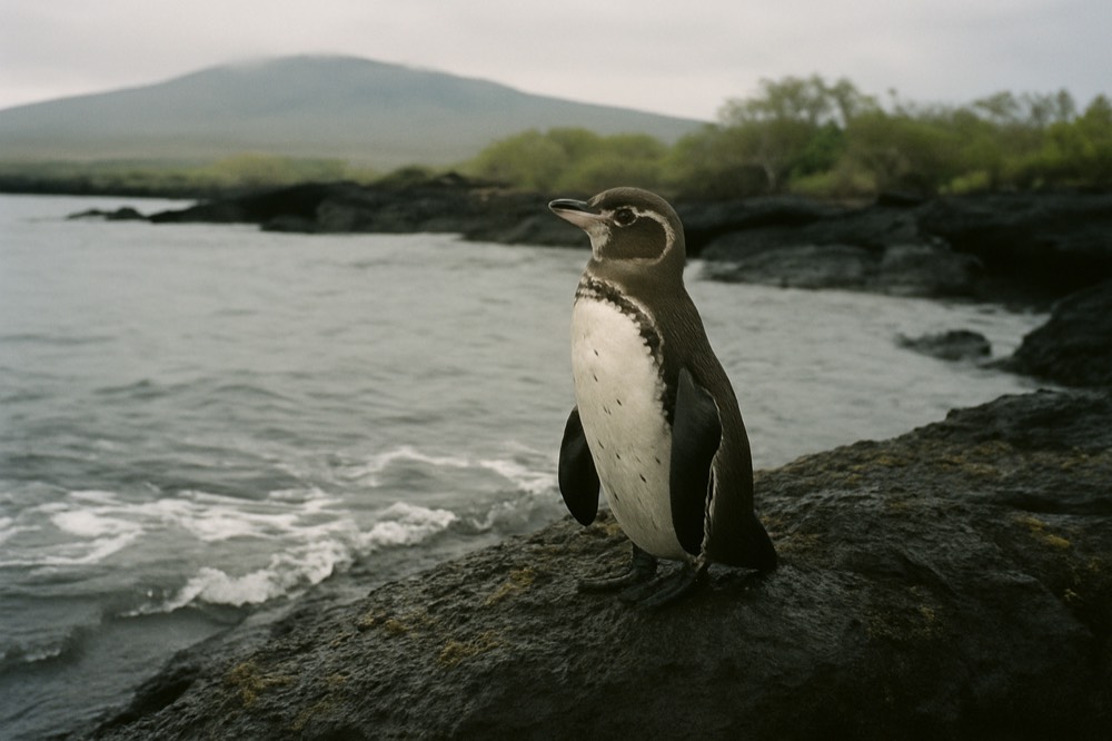 A Galapagos penguin standing on dark lava rock near the water