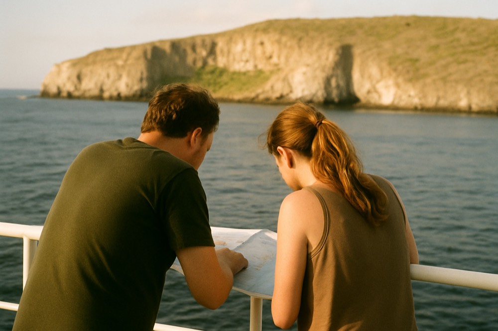 A couple reviewing a paper map and itinerary at a ship's railing