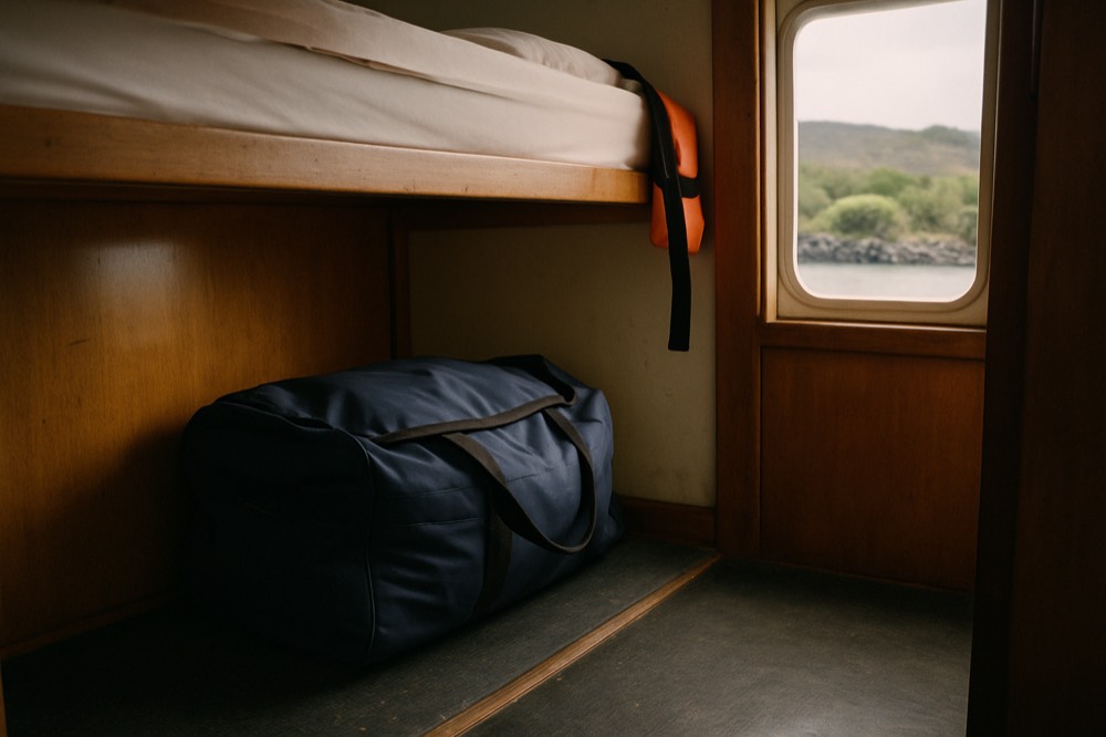 Narrow ship cabin interior with a folded duffel stowed beneath a lower berth