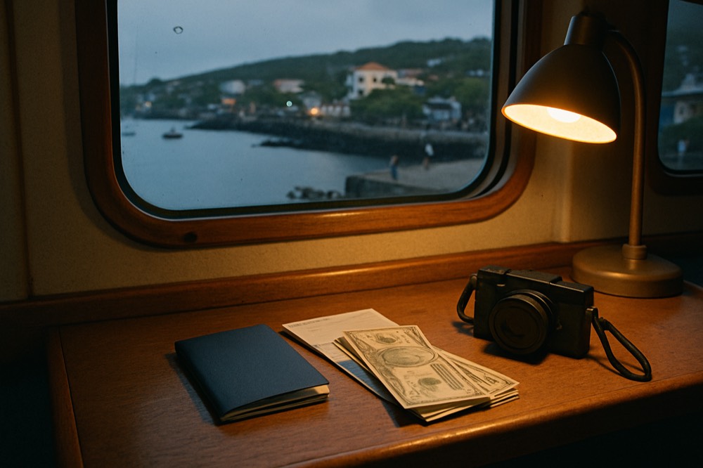 Passport, boarding pass and a small stack of US banknotes on a cabin desk beside a camera