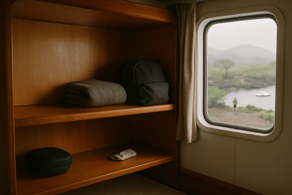 Empty cabin shelf with a single folded sweater and a small backpack, showing spare storage
